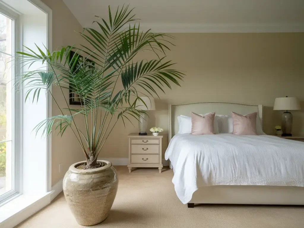 A tall Kentia Palm (Howea forsteriana) in a beautiful bedroom
