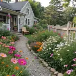A lush cosmos and zinnia garden borders a light gray-green house, featuring a winding gravel pathway through densely packed flowerbeds. Pink, orange, and white blooms create a colorful display, contained by low stone borders. A wooden picket fence frames the garden, while a white-railed porch connects the house to the garden path. Mature trees in the background suggest a peaceful rural setting.
