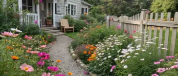 A lush cosmos and zinnia garden borders a light gray-green house, featuring a winding gravel pathway through densely packed flowerbeds. Pink, orange, and white blooms create a colorful display, contained by low stone borders. A wooden picket fence frames the garden, while a white-railed porch connects the house to the garden path. Mature trees in the background suggest a peaceful rural setting.