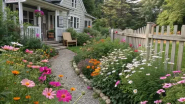 A lush cosmos and zinnia garden borders a light gray-green house, featuring a winding gravel pathway through densely packed flowerbeds. Pink, orange, and white blooms create a colorful display, contained by low stone borders. A wooden picket fence frames the garden, while a white-railed porch connects the house to the garden path. Mature trees in the background suggest a peaceful rural setting.
