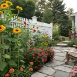 A vibrant sunflower and zinnia garden flourishes alongside a white picket fence in this backyard landscape. Tall yellow sunflowers line the fence, complemented by orange zinnias, red roses, and pink blooms throughout. A flagstone patio features an Adirondack chair overlooking the garden, with a cream-colored house visible in the background. The scene includes a wooden dining set and various trees and shrubs, creating a welcoming cottage garden atmosphere.