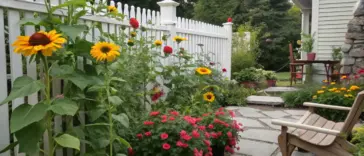 A vibrant sunflower and zinnia garden flourishes alongside a white picket fence in this backyard landscape. Tall yellow sunflowers line the fence, complemented by orange zinnias, red roses, and pink blooms throughout. A flagstone patio features an Adirondack chair overlooking the garden, with a cream-colored house visible in the background. The scene includes a wooden dining set and various trees and shrubs, creating a welcoming cottage garden atmosphere.