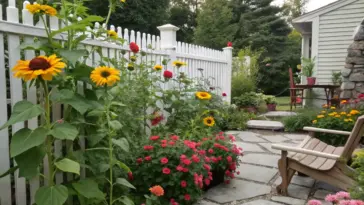 A vibrant sunflower and zinnia garden flourishes alongside a white picket fence in this backyard landscape. Tall yellow sunflowers line the fence, complemented by orange zinnias, red roses, and pink blooms throughout. A flagstone patio features an Adirondack chair overlooking the garden, with a cream-colored house visible in the background. The scene includes a wooden dining set and various trees and shrubs, creating a welcoming cottage garden atmosphere.
