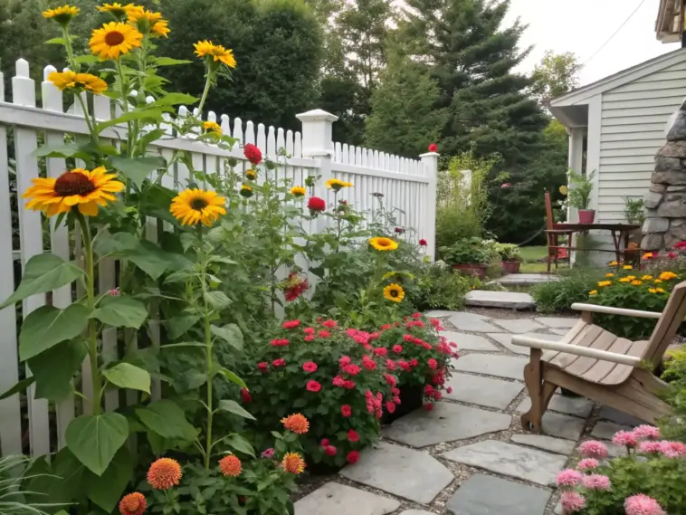 A vibrant sunflower and zinnia garden flourishes alongside a white picket fence in this backyard landscape. Tall yellow sunflowers line the fence, complemented by orange zinnias, red roses, and pink blooms throughout. A flagstone patio features an Adirondack chair overlooking the garden, with a cream-colored house visible in the background. The scene includes a wooden dining set and various trees and shrubs, creating a welcoming cottage garden atmosphere.
