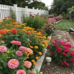 A well-maintained zinnia and rose garden showcases densely packed zinnias in orange, pink, and peach blooms alongside beds of vibrant pink and red roses. A winding rock pathway, bordered by brick edging, leads past a black wooden bench and through the colorful displays. A white picket fence frames the garden, with manicured green lawns and mature trees completing this sunlit garden scene.