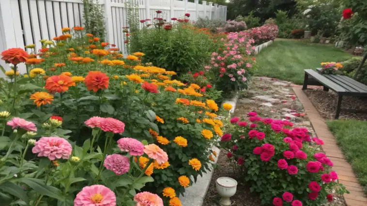 A well-maintained zinnia and rose garden showcases densely packed zinnias in orange, pink, and peach blooms alongside beds of vibrant pink and red roses. A winding rock pathway, bordered by brick edging, leads past a black wooden bench and through the colorful displays. A white picket fence frames the garden, with manicured green lawns and mature trees completing this sunlit garden scene.