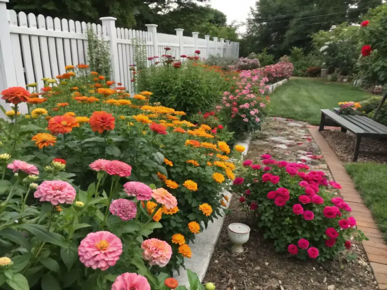 A well-maintained zinnia and rose garden showcases densely packed zinnias in orange, pink, and peach blooms alongside beds of vibrant pink and red roses. A winding rock pathway, bordered by brick edging, leads past a black wooden bench and through the colorful displays. A white picket fence frames the garden, with manicured green lawns and mature trees completing this sunlit garden scene.