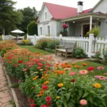 A step-by-step example of how to plant a zinnia garden showcased in front of a light gray clapboard house, where vibrant rows of orange, red, pink, and yellow zinnias line a tan brick pathway. The flourishing garden demonstrates successful zinnia growing techniques, with the flowers arranged parallel to a white picket fence. A wooden bench offers a perfect spot to admire the results, while the house's covered porch and chimney provide a charming backdrop. Lush trees and well-maintained lawn complete this inspiring garden design.