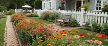 A step-by-step example of how to plant a zinnia garden showcased in front of a light gray clapboard house, where vibrant rows of orange, red, pink, and yellow zinnias line a tan brick pathway. The flourishing garden demonstrates successful zinnia growing techniques, with the flowers arranged parallel to a white picket fence. A wooden bench offers a perfect spot to admire the results, while the house's covered porch and chimney provide a charming backdrop. Lush trees and well-maintained lawn complete this inspiring garden design.