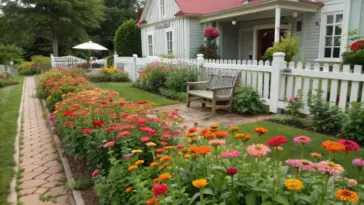 A step-by-step example of how to plant a zinnia garden showcased in front of a light gray clapboard house, where vibrant rows of orange, red, pink, and yellow zinnias line a tan brick pathway. The flourishing garden demonstrates successful zinnia growing techniques, with the flowers arranged parallel to a white picket fence. A wooden bench offers a perfect spot to admire the results, while the house's covered porch and chimney provide a charming backdrop. Lush trees and well-maintained lawn complete this inspiring garden design.