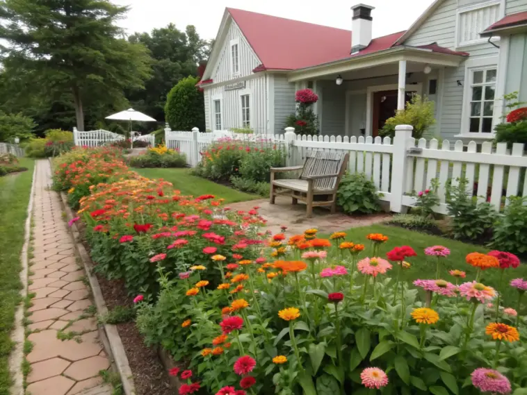 A step-by-step example of how to plant a zinnia garden showcased in front of a light gray clapboard house, where vibrant rows of orange, red, pink, and yellow zinnias line a tan brick pathway. The flourishing garden demonstrates successful zinnia growing techniques, with the flowers arranged parallel to a white picket fence. A wooden bench offers a perfect spot to admire the results, while the house's covered porch and chimney provide a charming backdrop. Lush trees and well-maintained lawn complete this inspiring garden design.