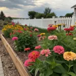 A thriving zinnia flower bed fills multiple raised wooden planters, displaying a rainbow of pink, red, orange, and yellow blooms against a backdrop of a white picket fence and small gray shed. A brick pathway leads to the garden, with grass and an evergreen tree visible beyond.
