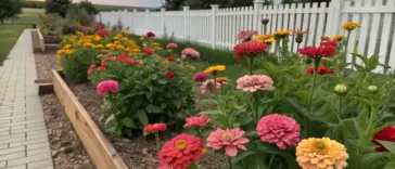 A thriving zinnia flower bed fills multiple raised wooden planters, displaying a rainbow of pink, red, orange, and yellow blooms against a backdrop of a white picket fence and small gray shed. A brick pathway leads to the garden, with grass and an evergreen tree visible beyond.