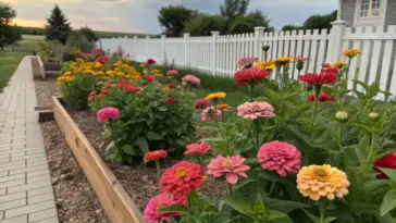A thriving zinnia flower bed fills multiple raised wooden planters, displaying a rainbow of pink, red, orange, and yellow blooms against a backdrop of a white picket fence and small gray shed. A brick pathway leads to the garden, with grass and an evergreen tree visible beyond.