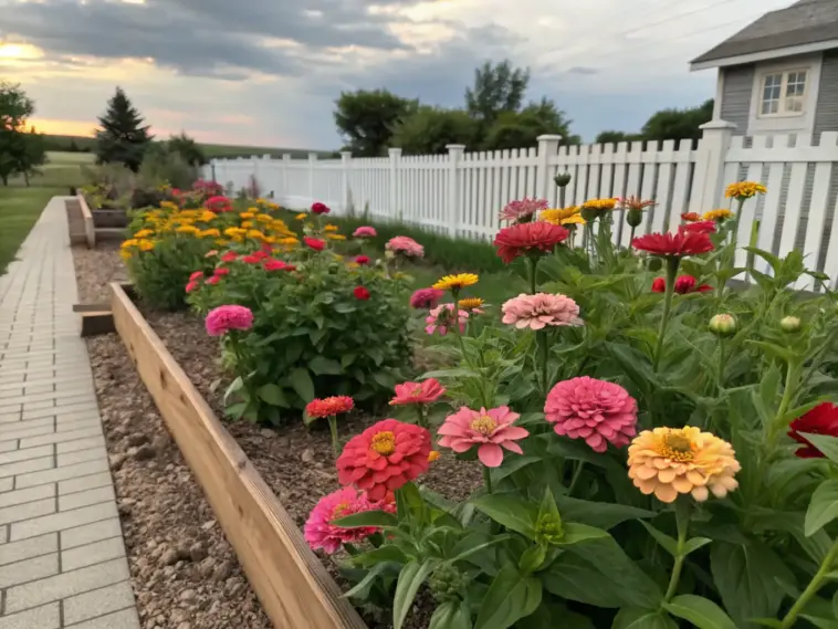 A thriving zinnia flower bed fills multiple raised wooden planters, displaying a rainbow of pink, red, orange, and yellow blooms against a backdrop of a white picket fence and small gray shed. A brick pathway leads to the garden, with grass and an evergreen tree visible beyond.
