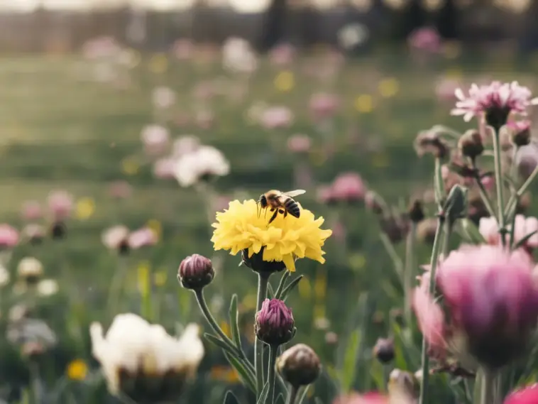 A photo of a bee collecting pollen from a bright yellow spring flower. The flower is surrounded by other flowers in various stages of bloom, including white, pink, and purple. The background is a green field with more flowers in bloom. The overall image has a soft focus and is bathed in warm light.