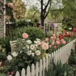 A photo of a cozy small flower garden along a fence. There are various flowers in full bloom, including roses, daisies, and tulips. The garden is surrounded by a white picket fence. There are also some green plants and a small bench in the garden. The background contains a house and trees. The overall image has a warm hue.
