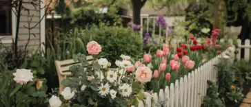 A photo of a cozy small flower garden along a fence. There are various flowers in full bloom, including roses, daisies, and tulips. The garden is surrounded by a white picket fence. There are also some green plants and a small bench in the garden. The background contains a house and trees. The overall image has a warm hue.