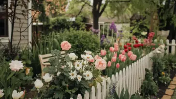 A photo of a cozy small flower garden along a fence. There are various flowers in full bloom, including roses, daisies, and tulips. The garden is surrounded by a white picket fence. There are also some green plants and a small bench in the garden. The background contains a house and trees. The overall image has a warm hue.