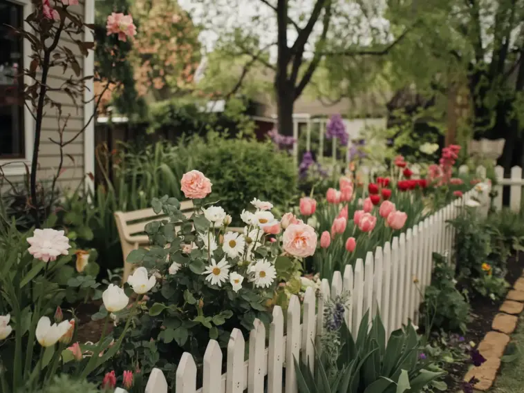 A photo of a cozy small flower garden along a fence. There are various flowers in full bloom, including roses, daisies, and tulips. The garden is surrounded by a white picket fence. There are also some green plants and a small bench in the garden. The background contains a house and trees. The overall image has a warm hue.