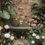 A photo of a cozy small flower home garden. There is a wooden bench in the garden. The garden is filled with various flowers, including roses, tulips, and daisies. There are also green plants with large leaves. The background has a rustic brick wall. The overall image has a warm, earthy tone.