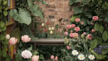 A photo of a cozy small flower home garden. There is a wooden bench in the garden. The garden is filled with various flowers, including roses, tulips, and daisies. There are also green plants with large leaves. The background has a rustic brick wall. The overall image has a warm, earthy tone.