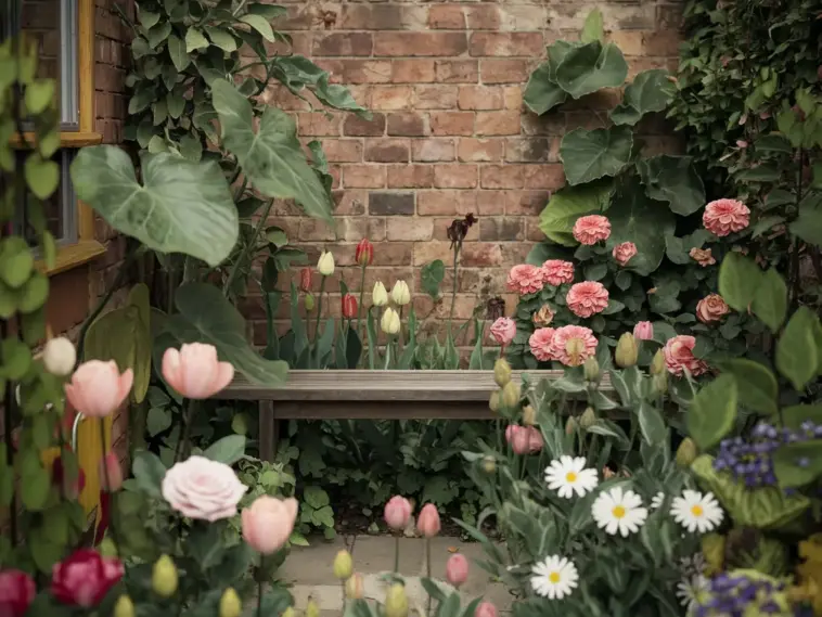 A photo of a cozy small flower home garden. There is a wooden bench in the garden. The garden is filled with various flowers, including roses, tulips, and daisies. There are also green plants with large leaves. The background has a rustic brick wall. The overall image has a warm, earthy tone.