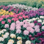 A photo of a flower garden in full bloom during spring. There are various types of flowers in shades of pink, purple, yellow, and white. The flowers are arranged in a pattern, with pink and purple flowers in the middle, surrounded by yellow and white flowers. The background is a lush green field. The overall image has a soft, warm hue.