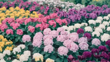 A photo of a flower garden in full bloom during spring. There are various types of flowers in shades of pink, purple, yellow, and white. The flowers are arranged in a pattern, with pink and purple flowers in the middle, surrounded by yellow and white flowers. The background is a lush green field. The overall image has a soft, warm hue.