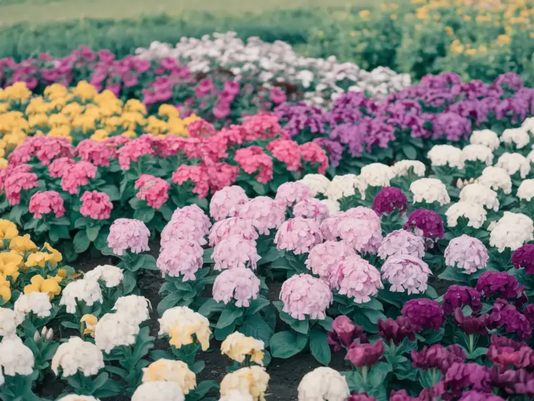 A photo of a flower garden in full bloom during spring. There are various types of flowers in shades of pink, purple, yellow, and white. The flowers are arranged in a pattern, with pink and purple flowers in the middle, surrounded by yellow and white flowers. The background is a lush green field. The overall image has a soft, warm hue.
