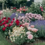 A photo of a garden filled with a variety of aromatic flowers. There are roses, lavender, and chamomile flowers, among others. The roses are red and pink, the lavender is purple, and the chamomile is white. The flowers are arranged in a bed surrounded by green grass. The background contains a few trees and a white structure. The overall image has a soft focus.