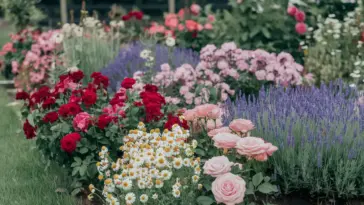A photo of a garden filled with a variety of aromatic flowers. There are roses, lavender, and chamomile flowers, among others. The roses are red and pink, the lavender is purple, and the chamomile is white. The flowers are arranged in a bed surrounded by green grass. The background contains a few trees and a white structure. The overall image has a soft focus.