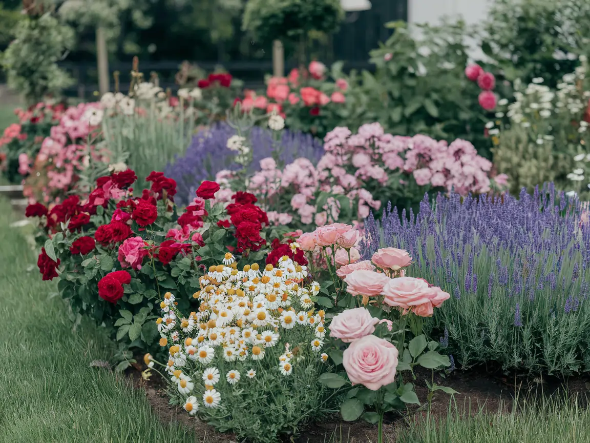 A photo of a garden filled with a variety of aromatic flowers. There are roses, lavender, and chamomile flowers, among others. The roses are red and pink, the lavender is purple, and the chamomile is white. The flowers are arranged in a bed surrounded by green grass. The background contains a few trees and a white structure. The overall image has a soft focus.