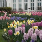 A photo of a garden in spring with a variety of flowers in full bloom. There are tulips, daffodils, and hyacinths in shades of pink, yellow, and purple. The flowers are arranged in a symmetrical pattern. The background contains a white building with multiple windows. The ground is covered with green grass. The overall image has a soft focus.