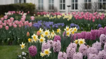 A photo of a garden in spring with a variety of flowers in full bloom. There are tulips, daffodils, and hyacinths in shades of pink, yellow, and purple. The flowers are arranged in a symmetrical pattern. The background contains a white building with multiple windows. The ground is covered with green grass. The overall image has a soft focus.