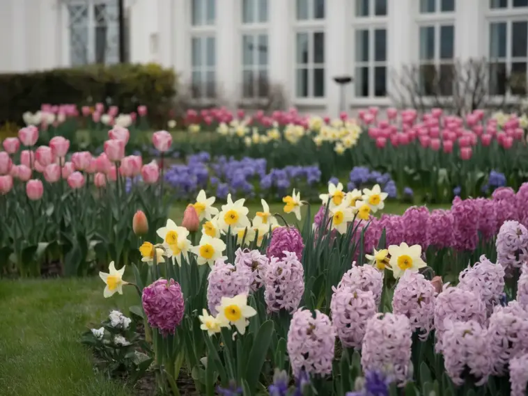 A photo of a garden in spring with a variety of flowers in full bloom. There are tulips, daffodils, and hyacinths in shades of pink, yellow, and purple. The flowers are arranged in a symmetrical pattern. The background contains a white building with multiple windows. The ground is covered with green grass. The overall image has a soft focus.
