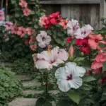 A photo of a garden with many hibiscus flowers. The flowers are in various shades of pink, red, and white. The flowers are in full bloom, with some flowers in the background partially hidden by the larger flowers in the foreground. The background contains a rustic wooden structure. There is a stone path leading to the wooden structure. The ground is covered with green leaves.
