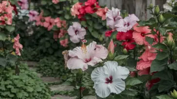 A photo of a garden with many hibiscus flowers. The flowers are in various shades of pink, red, and white. The flowers are in full bloom, with some flowers in the background partially hidden by the larger flowers in the foreground. The background contains a rustic wooden structure. There is a stone path leading to the wooden structure. The ground is covered with green leaves.