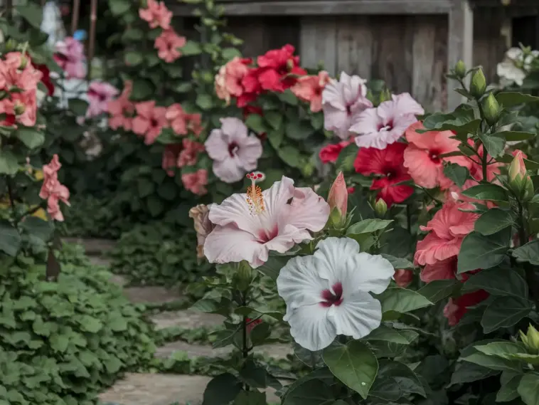 A photo of a garden with many hibiscus flowers. The flowers are in various shades of pink, red, and white. The flowers are in full bloom, with some flowers in the background partially hidden by the larger flowers in the foreground. The background contains a rustic wooden structure. There is a stone path leading to the wooden structure. The ground is covered with green leaves.
