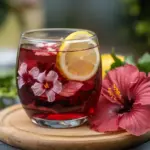 A photo of a glass filled with hibiscus flower tea. The tea is a deep red color and has a few hibiscus flowers in it. There is a slice of lemon floating in the tea. The glass is placed on a wooden board. There are fresh hibiscus flowers next to the glass. The background is blurred and contains greenery.