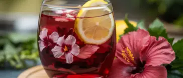 A photo of a glass filled with hibiscus flower tea. The tea is a deep red color and has a few hibiscus flowers in it. There is a slice of lemon floating in the tea. The glass is placed on a wooden board. There are fresh hibiscus flowers next to the glass. The background is blurred and contains greenery.