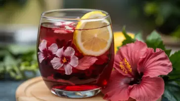 A photo of a glass filled with hibiscus flower tea. The tea is a deep red color and has a few hibiscus flowers in it. There is a slice of lemon floating in the tea. The glass is placed on a wooden board. There are fresh hibiscus flowers next to the glass. The background is blurred and contains greenery.