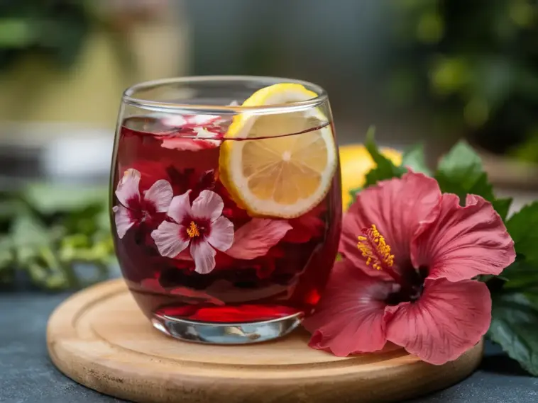 A photo of a glass filled with hibiscus flower tea. The tea is a deep red color and has a few hibiscus flowers in it. There is a slice of lemon floating in the tea. The glass is placed on a wooden board. There are fresh hibiscus flowers next to the glass. The background is blurred and contains greenery.