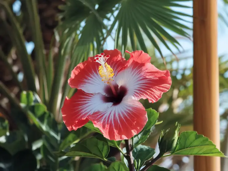 A photo of a hibiscus flower in full bloom. The flower is a rich red colour with a white centre. The flower is in a tropical setting with lush green leaves and a wooden pole. The background is sunny and bright.