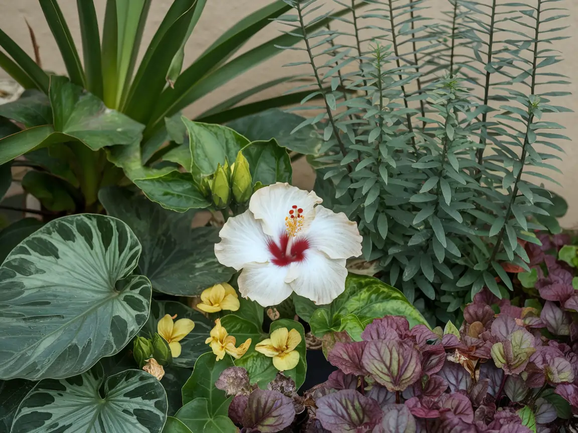 A photo of a hibiscus flower surrounded by a variety of companion plants. There are green leaves with unique patterns, small yellow flowers, and tall, thin green stems with small green leaves at the top. The background is a beige wall.