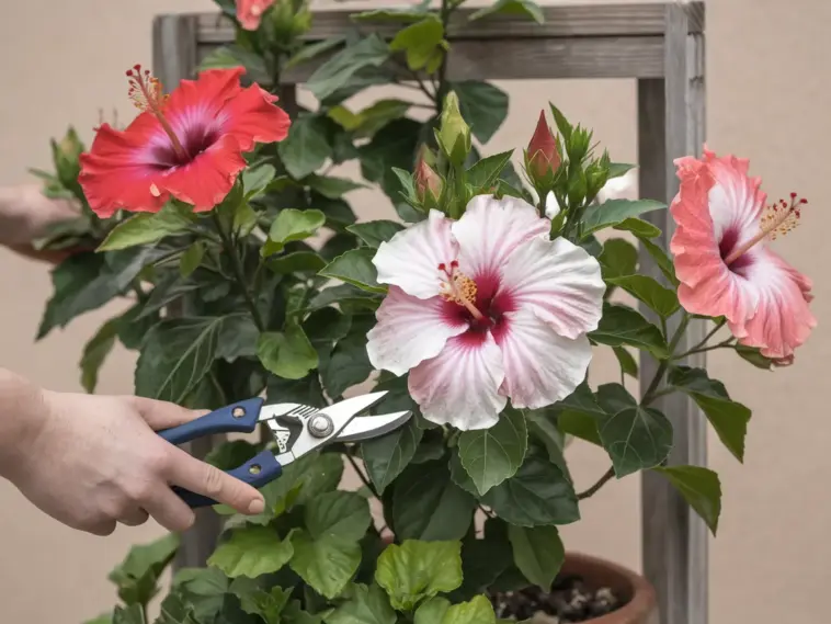 A photo of a person pruning a hibiscus flower, with the person's hand holding a pair of pruning shears. The hibiscus flowers are in full bloom, with vibrant red and pink petals. The plant is growing in a pot and is placed on a wooden stand. There are green leaves at the bottom of the plant. The background is a beige wall.