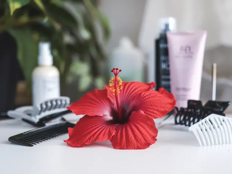 A photo of a red hibiscus flower placed on a white surface. There are various hair care products, such as a comb, hair clips, and a hair spray bottle, placed around the flower. The background is blurred and contains a plant, a bottle, and a cosmetic product.