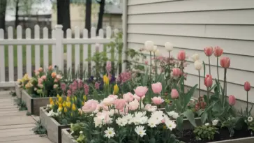 A photo of a small flower garden against a house. The garden contains a variety of flowers in full bloom, including roses, tulips, and daisies. The flowers are planted in raised beds made of wood. There is a pathway made of wooden planks leading to the garden. The house has a white picket fence and is painted beige. The background contains trees and a building.