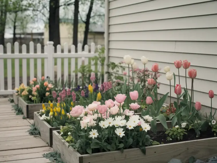 A photo of a small flower garden against a house. The garden contains a variety of flowers in full bloom, including roses, tulips, and daisies. The flowers are planted in raised beds made of wood. There is a pathway made of wooden planks leading to the garden. The house has a white picket fence and is painted beige. The background contains trees and a building.