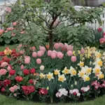 A photo of a small flower garden arrangement around a tree. There are various flowers in bloom, including roses, tulips, and daffodils. The flowers are in a rainbow of colors, including red, pink, yellow, and white. The flowers are arranged in a circular pattern around the tree. The tree has green leaves and is in the center of the flower garden. The ground is covered with green grass. The background contains a white fence and a few buildings.